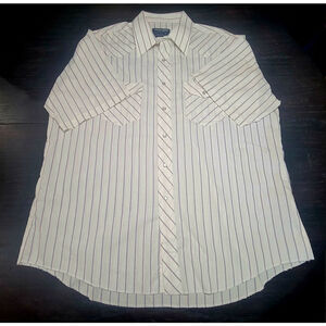 Vintage Wrangler Cowboy Cut Pearl Snap Shirt Sz 18 Long Tails White Blue Red XL